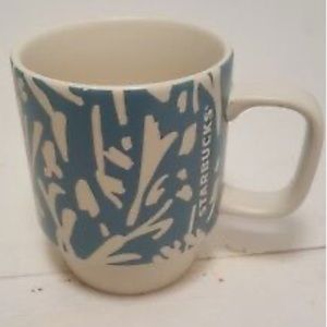Starbucks 2016 Coffee Mug Teal Blue and Cream Bamboo Design Stackable 12 oz.